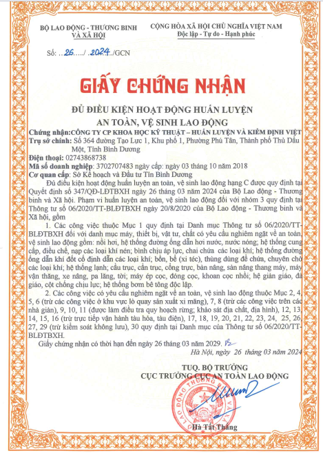 giấy chứng nhận huấn luyện an toàn vệ sinh lao động